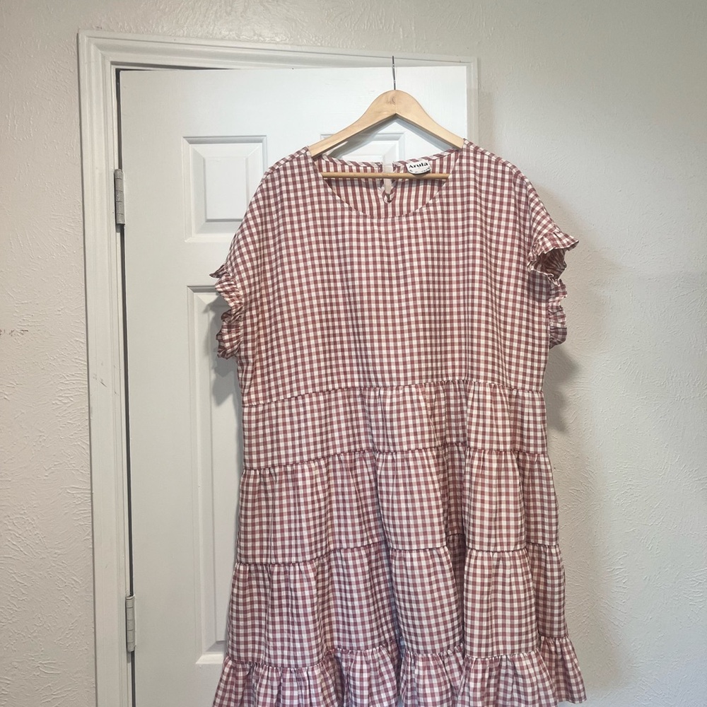 ARULA Pink and White Gingham Tiered Casual Dress